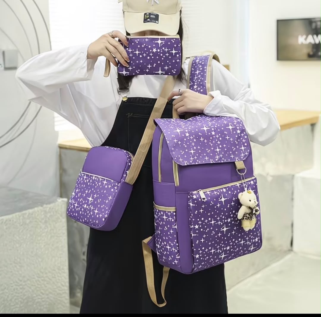 Star-Print 3-Piece Backpack Set with Teddy Bear Charm