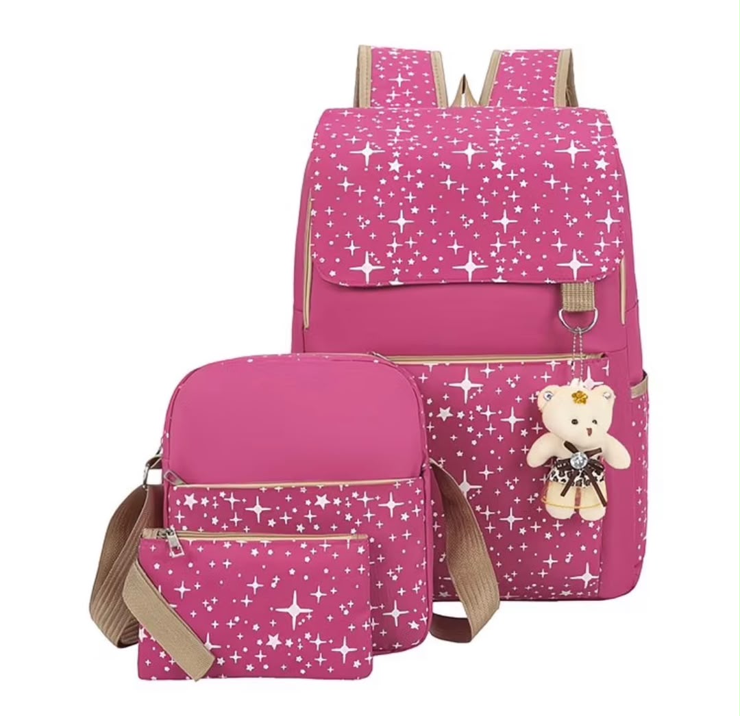 Star-Print 3-Piece Backpack Set with Teddy Bear Charm