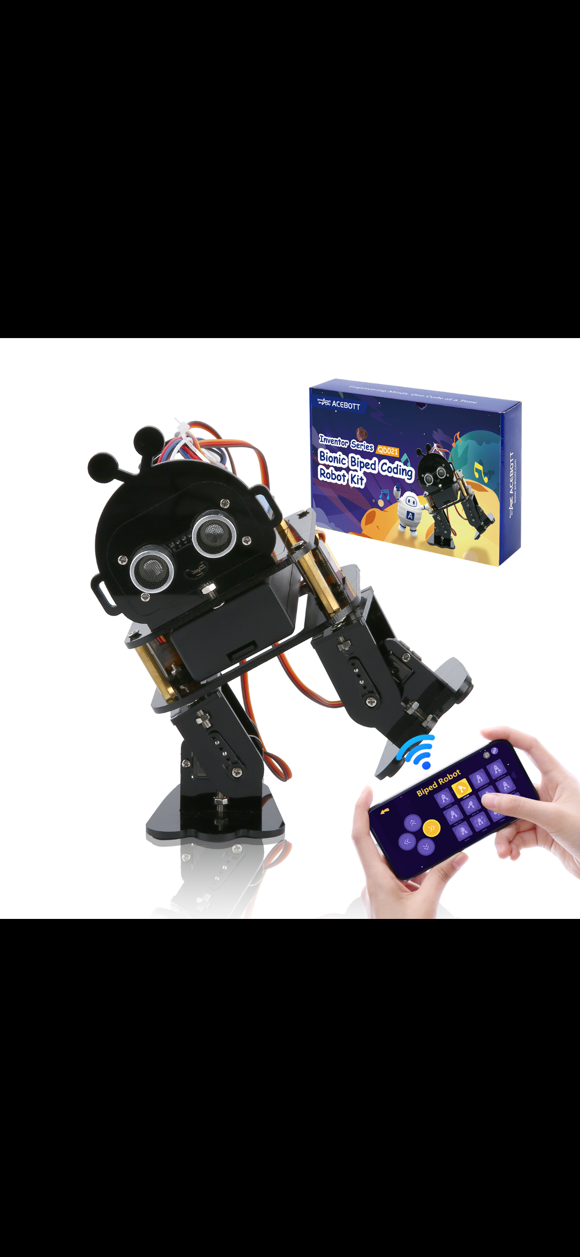 ACEBOTT Bionic Biped Robot dancing pose with product box
