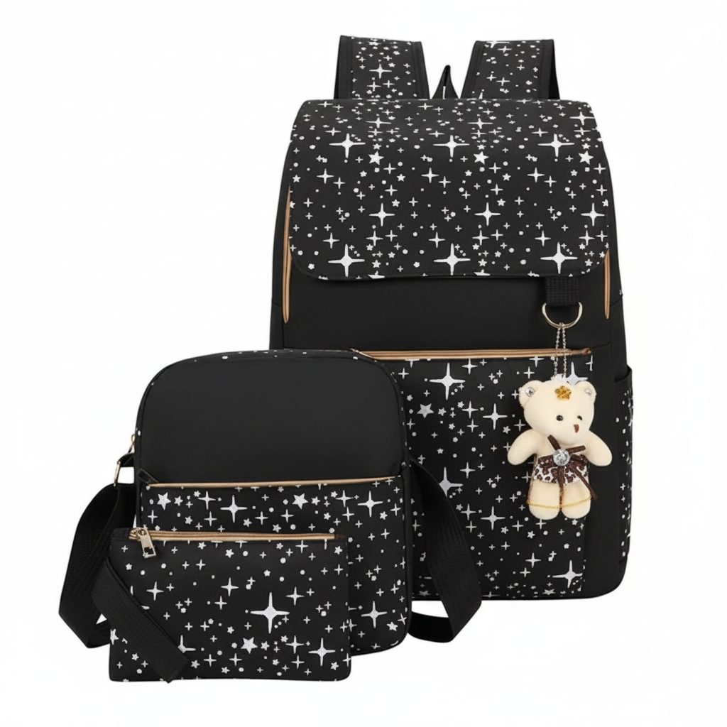 Star-Print 3-Piece Backpack Set with Teddy Bear Charm